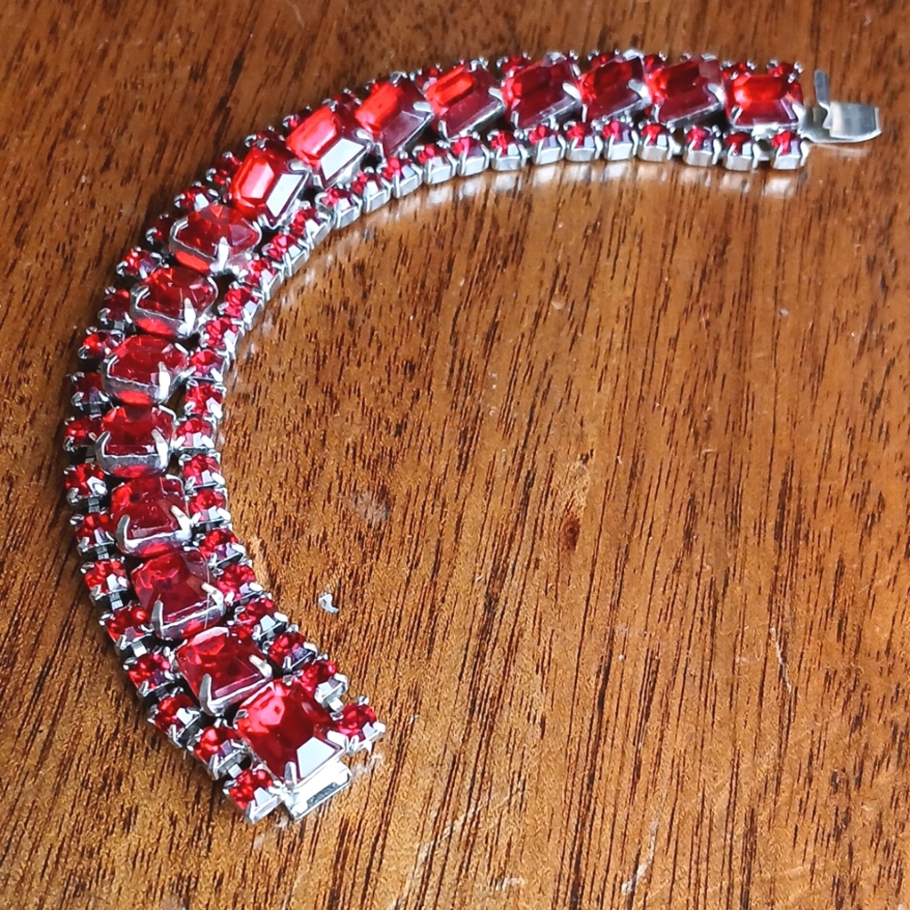 Red Antique Rhinestone statement cocktail bracelet.